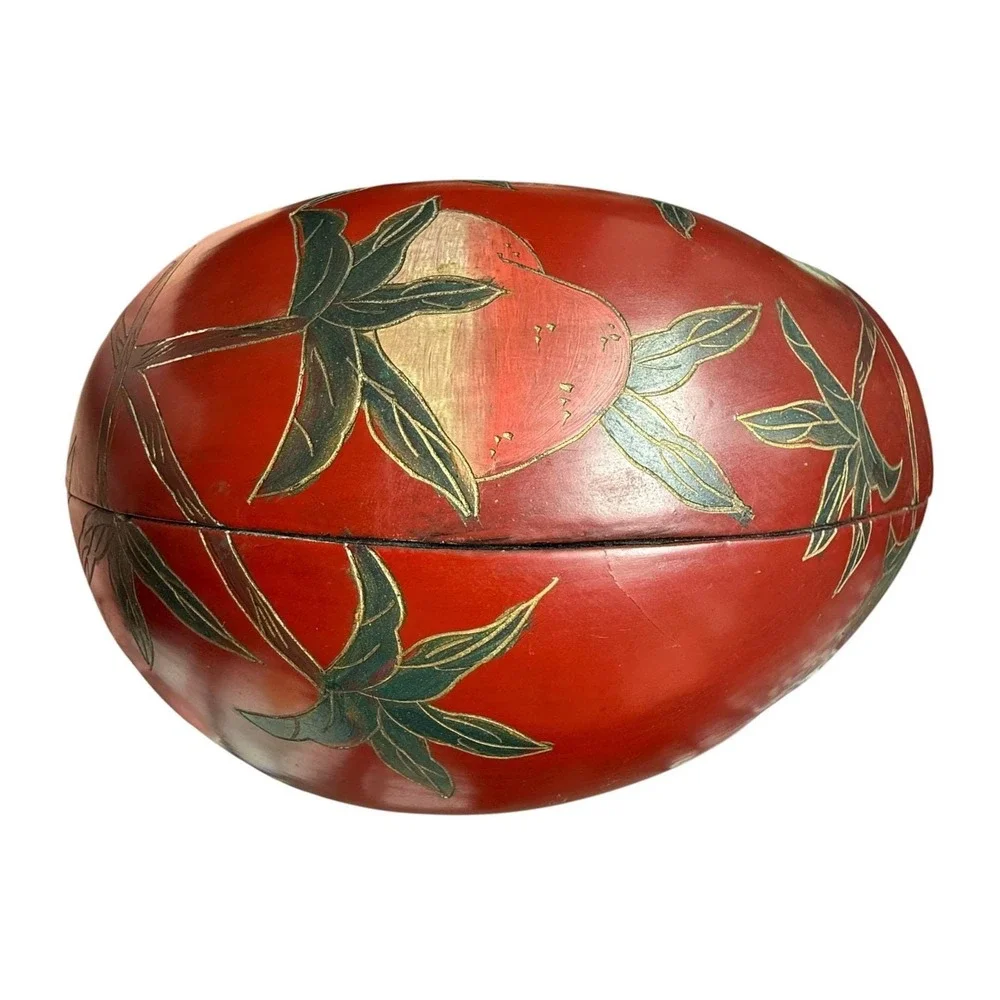 Vintage Japanese Red Lacquer Box Floral Trinket Bowl‎ Lidded Wood Decor